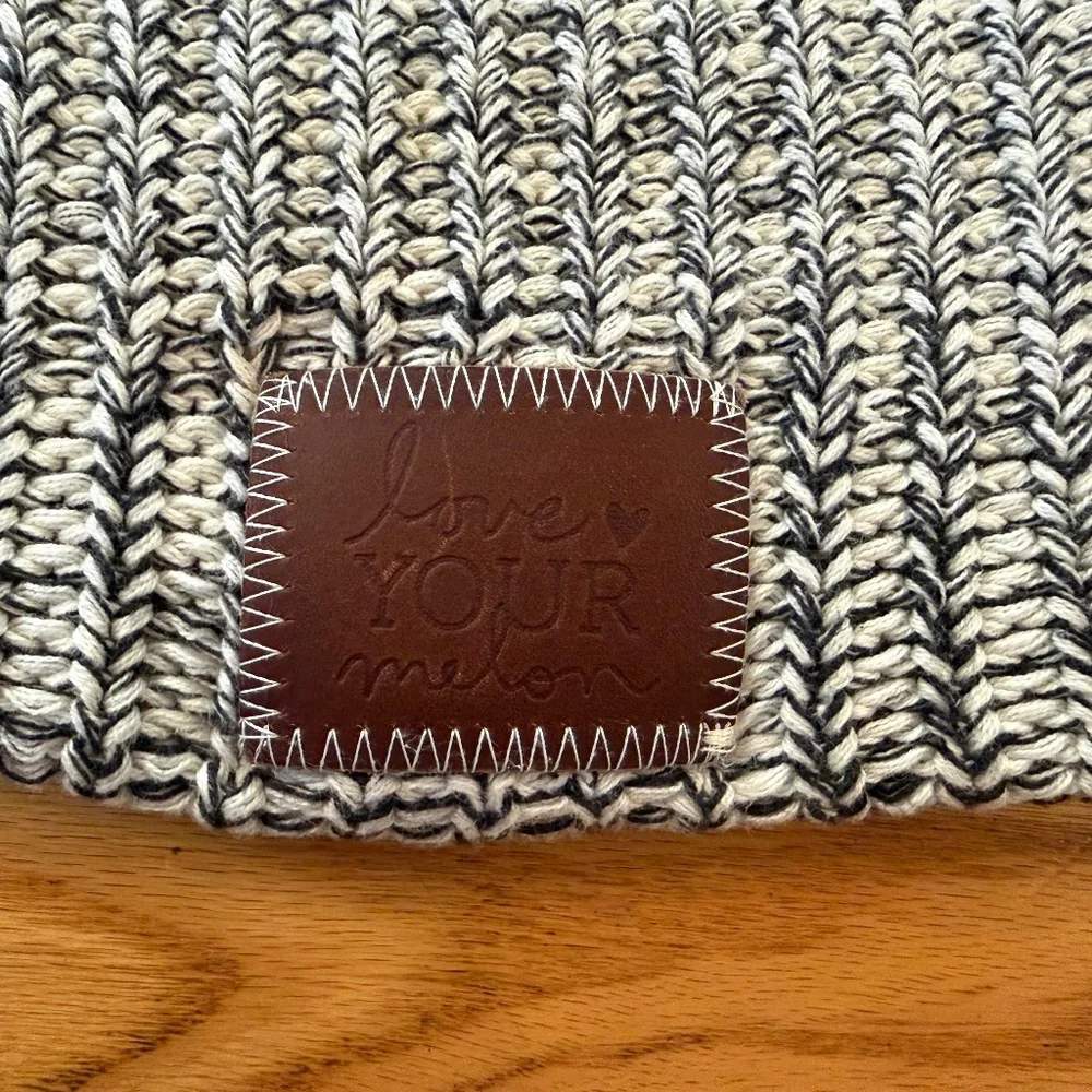 Love Your Melon Salt and Pepper (Black and White) Leather Patch Beanie